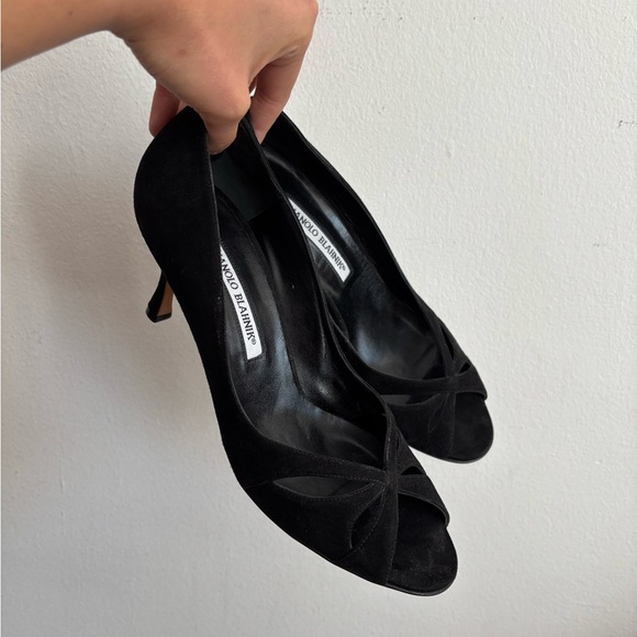 Manolo Blahnik Shoes - Manolo blahnik kitten heel suede open toe sandals. Size 39. Worn once. Inside.